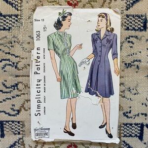 Vintage 1940s Day Dress Sewing Pattern Simplicity 1063 40s Clothing Wartime